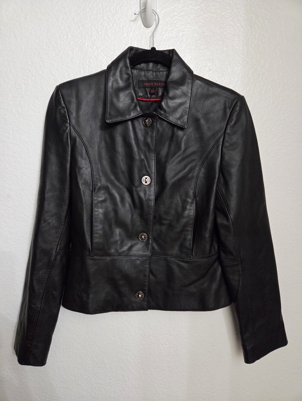 Anne Klein Black Leather Button-Front Jacket Women's Size Small